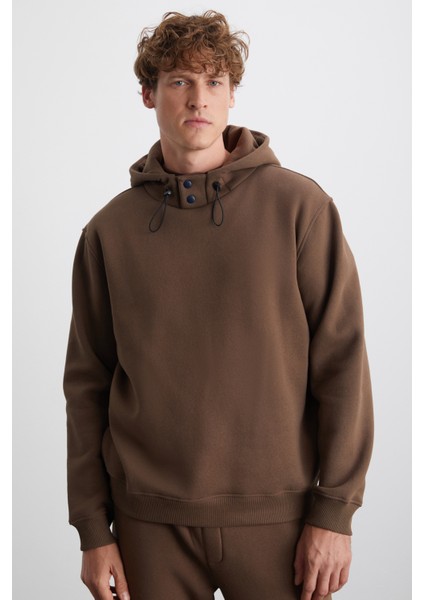 Jorna Erkek 3 Iplik Içi Şardonlu Yumuşacık Çıt Çıt Yakalı Regular Kapüşonlu Acı Kahve Sweatshirt
