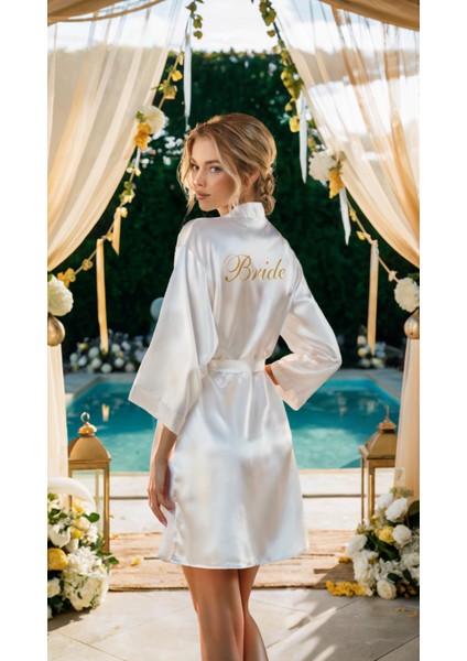 Bride Sabahlık Saten Nakışlı Beyaz Gelin Sabahlığı