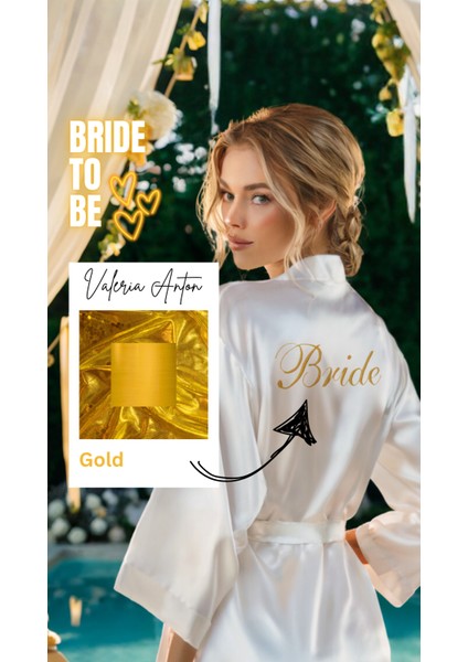 Bride Sabahlık Saten Nakışlı Beyaz Gelin Sabahlığı