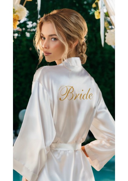 Bride Sabahlık Saten Nakışlı Beyaz Gelin Sabahlığı
