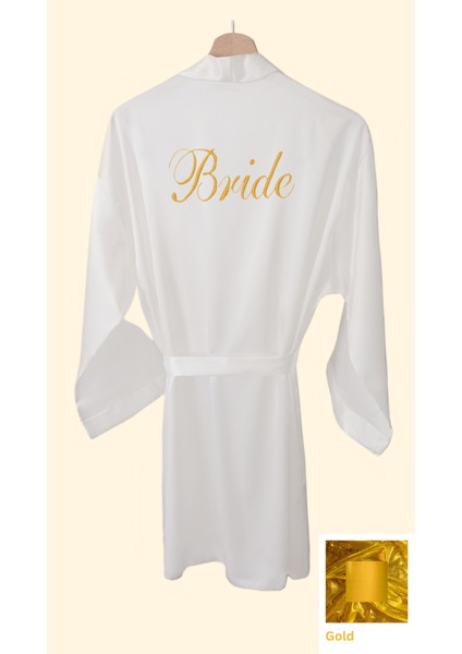 Bride Sabahlık Saten Nakışlı Beyaz Gelin Sabahlığı