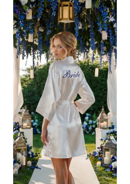 Bride Sabahlık Saten Nakışlı Beyaz Gelin Sabahlığı