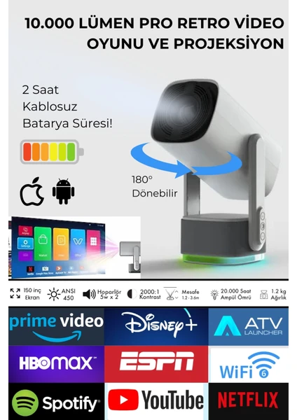 Taşınabilir Projeksiyon Ps5 x Box Bağlantılı Oyun Sinema Projektör Full Hd 4K Android