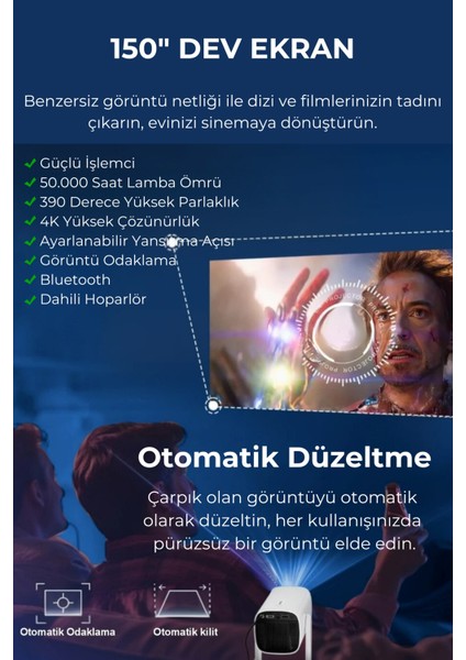 Taşınabilir Projeksiyon Ps5 x Box Bağlantılı Oyun Sinema Projektör Full Hd 4K Android