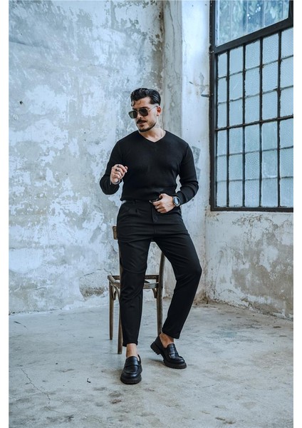 Erkek V Yaka Slim Fit Kazak Siyah