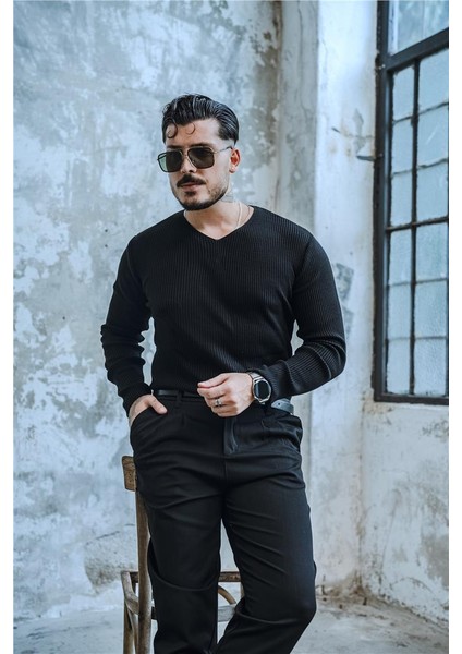 Erkek V Yaka Slim Fit Kazak Siyah