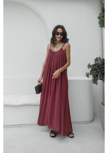 Bordo Santos Askılı Elbise