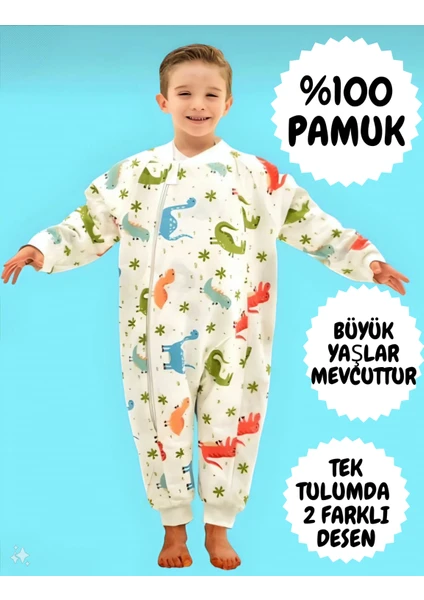 Mini Kiti Elyafsız Kışlık Uzun Kol Çift Kat %100 Pamuk Pazen Dinozorlu Cocuk Bebek Uyku Tulumu