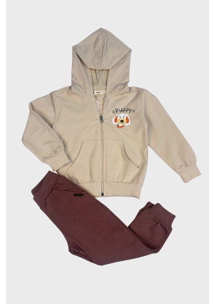 Köpek Baskılı Fermuarlı Erkek Takım - Taş Rengi