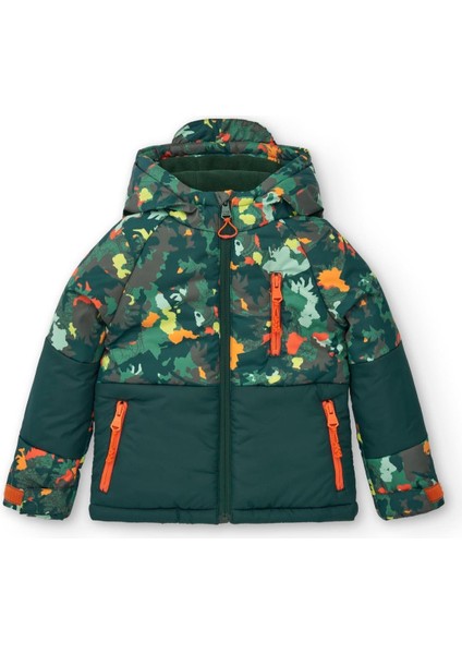 Şapkası Armalı Desenli Erkek Mont - Yeşil