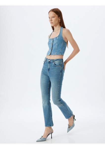 Ispanyol Paça Kot Pantolon Skinny Fit Düğmeli Pamuklu - Kick Flare Jean