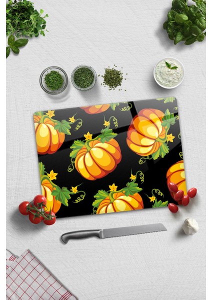 Cam Kesme Tahtası - Cam Kesme Tablası | Balkabağı Siyah Fon | 30CM x 40CM