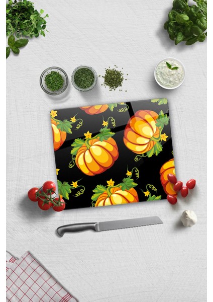 Cam Kesme Tahtası - Cam Kesme Tablası | Balkabağı Siyah Fon | 29CM x 34CM