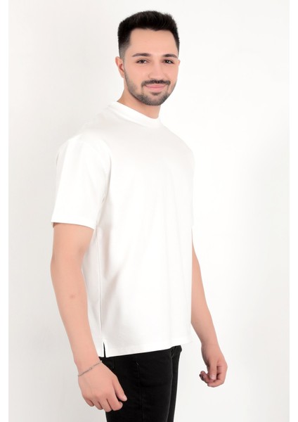 John Borners Erkek Beyaz Eteği Baskılı Pamuklu Oversize T-Shirt