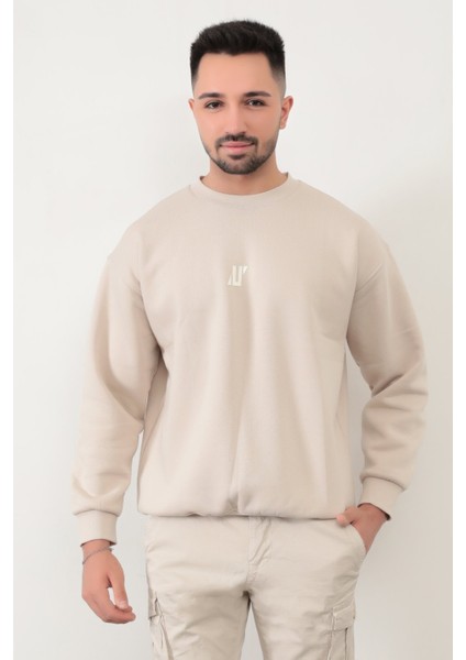 Kum Gri Rengi Erkek Oversize U Baskılı Pamuk Karışımlı Sweatshirt - 5255 fiyatları