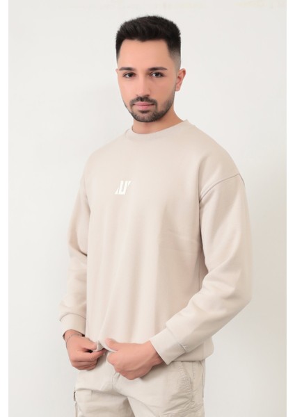 Kum Gri Rengi Erkek Oversize U Baskılı Pamuk Karışımlı Sweatshirt - 5255 indirimleri