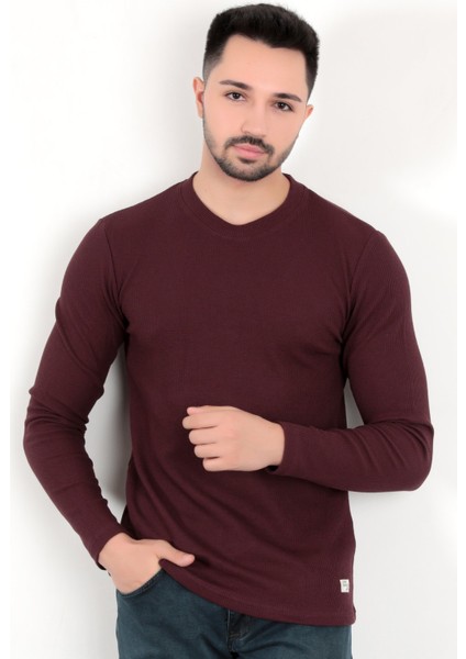 John Borners Erkek Bisiklet Yaka Sweatshirt Bordo Slimfit Esnek Waffle Kumaş Dokulu - 5073-2