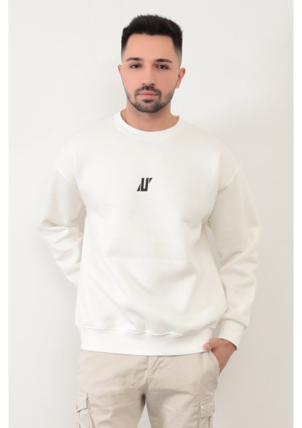 Ekru Rengi Erkek Oversize U Baskılı Pamuk Karışımlı Sweatshirt - 5255