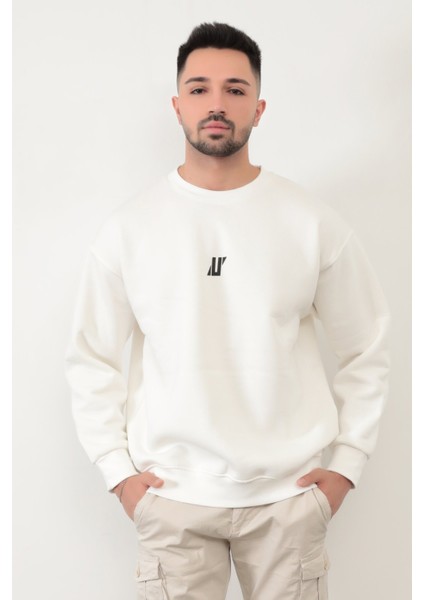 Ekru Rengi Erkek Oversize U Baskılı Pamuk Karışımlı Sweatshirt - 5255 fiyatları