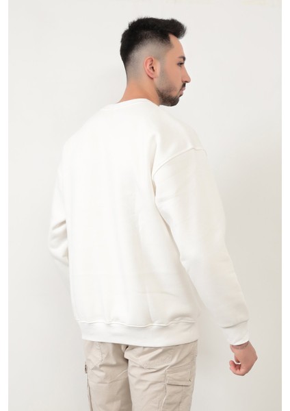 Ekru Rengi Erkek Oversize U Baskılı Pamuk Karışımlı Sweatshirt - 5255 modelleri