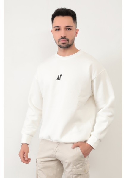 Ekru Rengi Erkek Oversize U Baskılı Pamuk Karışımlı Sweatshirt - 5255 fırsatları