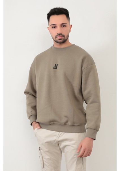 Vizon Rengi Erkek Oversize U Baskılı Pamuk Karışımlı Sweatshirt - 5255