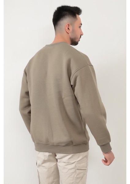 Vizon Rengi Erkek Oversize U Baskılı Pamuk Karışımlı Sweatshirt - 5255 modelleri