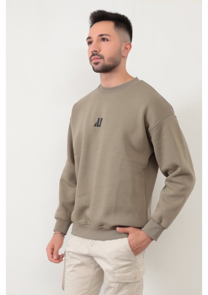 Vizon Rengi Erkek Oversize U Baskılı Pamuk Karışımlı Sweatshirt - 5255 fırsatları