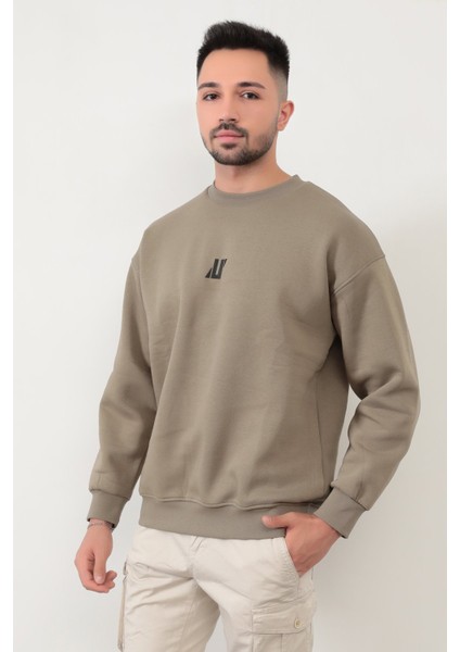 Vizon Rengi Erkek Oversize U Baskılı Pamuk Karışımlı Sweatshirt - 5255 indirimleri