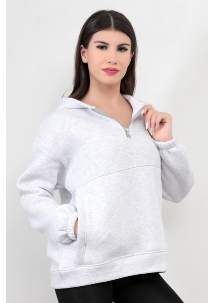 Kadın Kapüşonlu Yarım Fermuarlı Kar Melanj Sweatshirt Pamuk Karışım Kolları Lastikli Yan Cepli - 2521