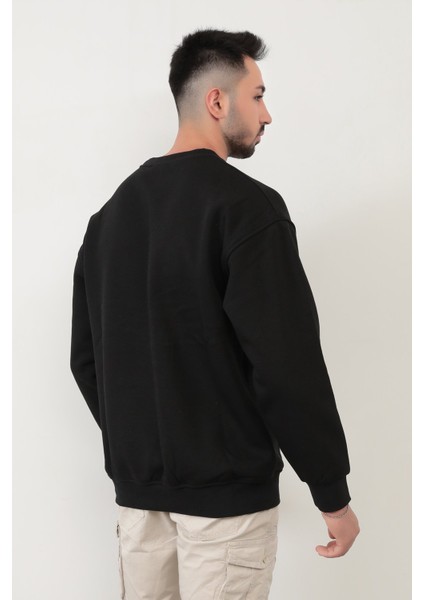 Siyah Rengi Erkek Oversize U Baskılı Pamuk Karışımlı Sweatshirt - 5255 modelleri