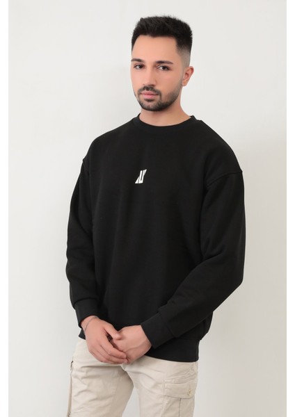 Siyah Rengi Erkek Oversize U Baskılı Pamuk Karışımlı Sweatshirt - 5255 indirimleri