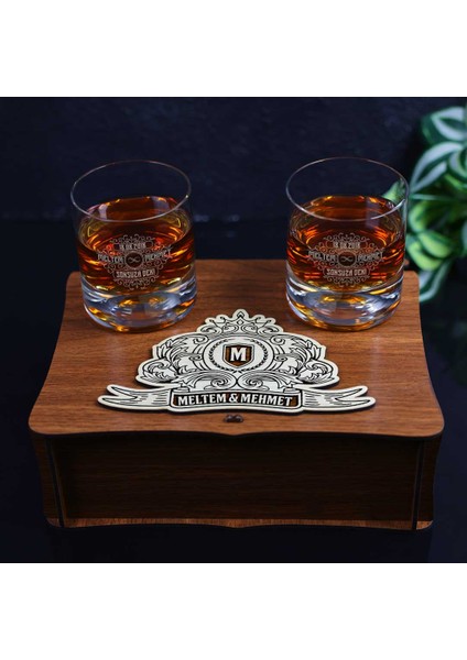 Ahşap Kutulu Vintage Tasarımlı Çiftlere Özel Taşlı & 2'Li Viski Kadehi Seti