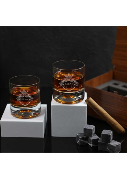 Ahşap Kutulu Kraliyet Desenli İsme Özel Taşlı & 2'Li Viski Kadehi Seti