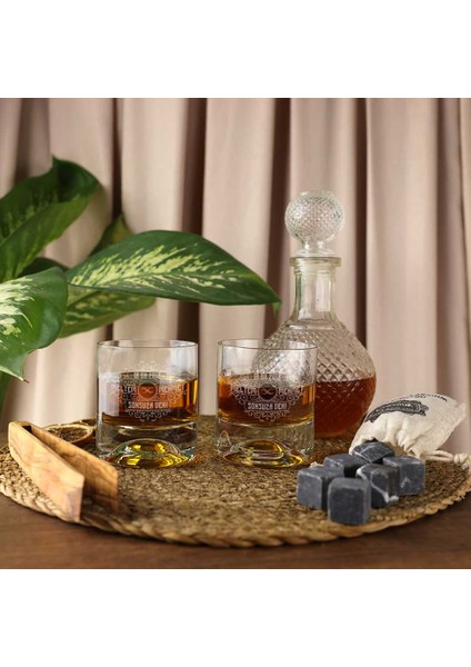 Ahşap Kutulu Vintage Tasarımlı Çiftlere Özel Maşa & Taşlı 2'Li Viski Kadehi Seti