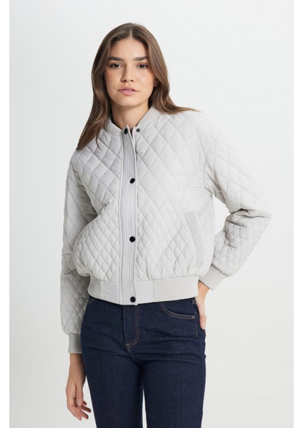 Loose Fit Rahat Kesim Kapitone Detaylı Gri Bomber Ceket