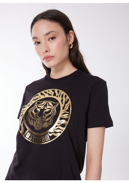 Yuvarlak Yaka Baskılı Siyah T-Shirt 76PAHG12