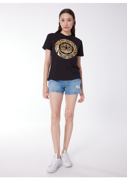 Yuvarlak Yaka Baskılı Siyah T-Shirt 76PAHG12 modelleri