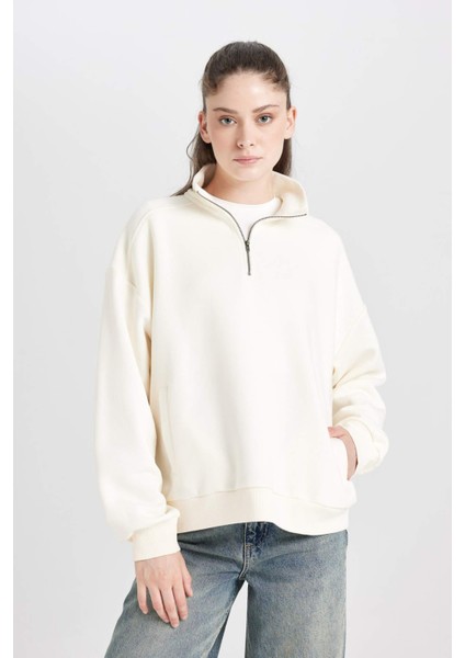 Oversize Geniş Kalıp Fermuarlı Dik Yaka Cepli Basic Düz Kalın Sweatshirt D7206AX24WN