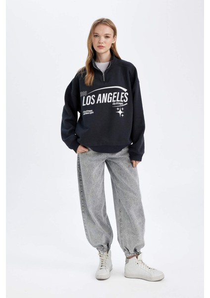 Loose Fit Yarım Fermuarlı Dik Yaka Baskılı Kalın Sweatshirt D7013AX24WN fiyatları