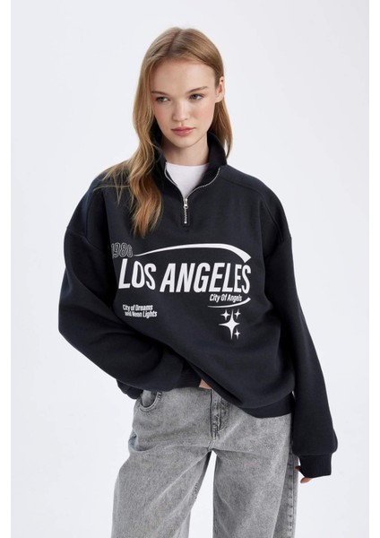 Loose Fit Yarım Fermuarlı Dik Yaka Baskılı Kalın Sweatshirt D7013AX24WN fırsatları