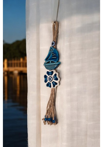 Nazar Boncuklu Seramik Yelkenli ve Çiçek Desenli Kuş Dekoratifli Çok Amaçlı Süs Eşyası 6X34 cm