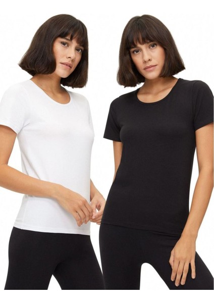 Likralı Kadın Basic Tişört Siyah Beyaz 1254 ONL-02039