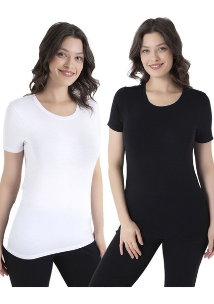Bambu Kadın Likralı Tişört Siyah Beyaz 1460 ONL-02506