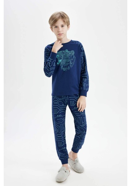 Erkek Çocuk Pijama Takımı Bisiklet Yaka Baskılı Uzun Kollu Üst Uzun Alt T5294A624WN