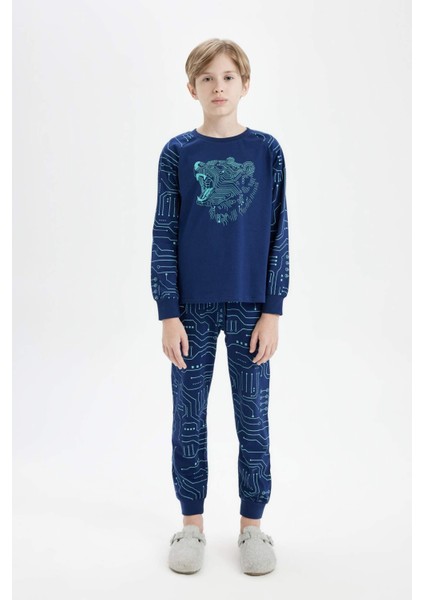 Erkek Çocuk Pijama Takımı Bisiklet Yaka Baskılı Uzun Kollu Üst Uzun Alt T5294A624WN