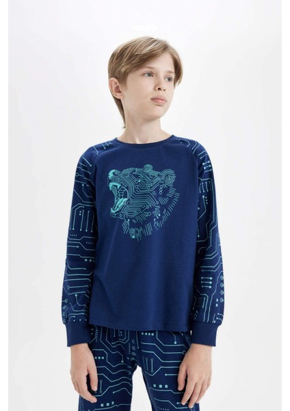Erkek Çocuk Pijama Takımı Bisiklet Yaka Baskılı Uzun Kollu Üst Uzun Alt T5294A624WN