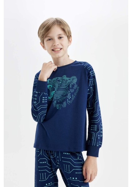 Erkek Çocuk Pijama Takımı Bisiklet Yaka Baskılı Uzun Kollu Üst Uzun Alt T5294A624WN