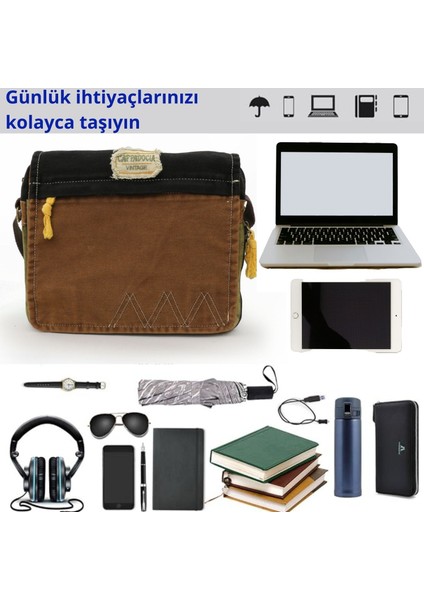 Cappadocia Vintage 4009 Ephesus Salaş Omuz Postacı Kahve Siyah 14 Inç Laptop Okul Seyahat Günlük Vintage Pamuk Çanta