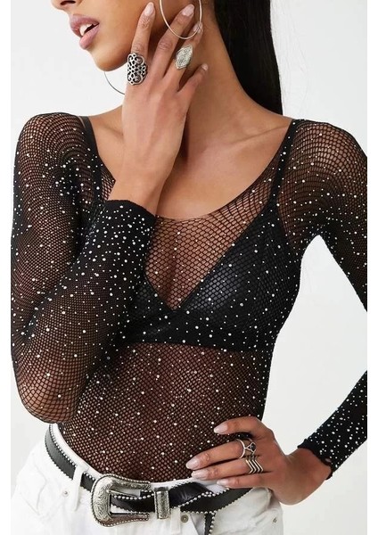 Beatiful Parlak Elmas Taşlı Omuz Detaylı File Kadın Body Bluz